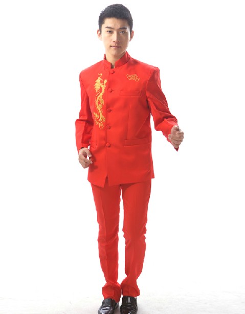 红色绣龙中山装礼服租赁_中国红主持人礼服演出服装