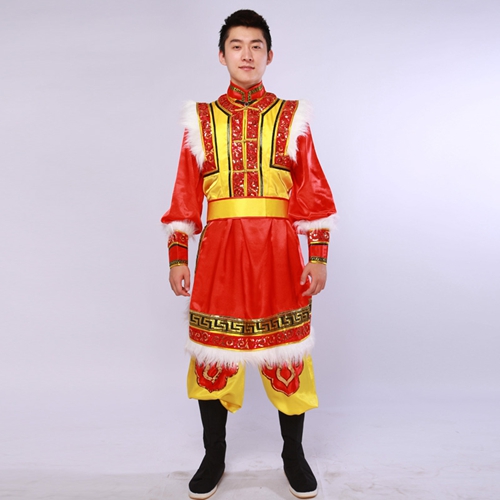 大红与黄亮片蒙古服_蒙古族男士服装_少数民族蒙古舞演出服