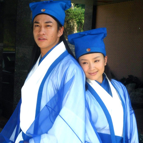 蓝色汉服情侣装_梁祝才子书生演出服_梁山伯祝英台表演装