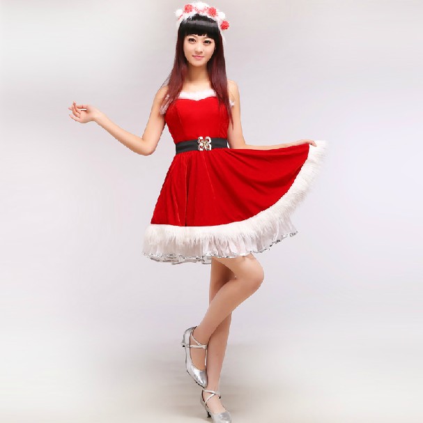 新款时尚红色圣诞女装演出服，圣诞节舞裙可爱女生服装出租