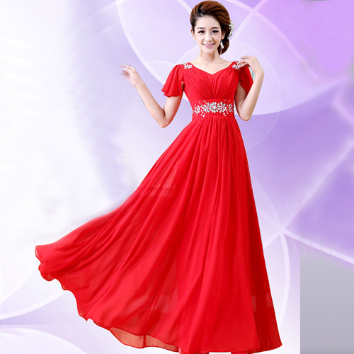 公主袖红色长款礼服_新款晚礼服敬酒服_收腰长款新娘礼服