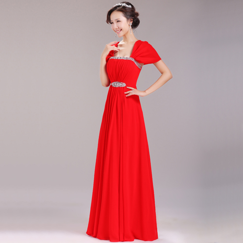 新娘红色敬酒服_宴会长款晚礼服_包肩修身长礼服