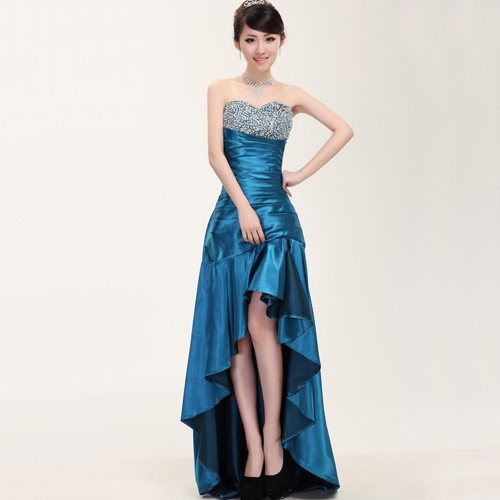抹胸褶皱钻饰晚礼服_前短后长敬酒服_伴娘蓝色礼服