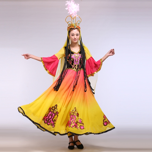 维吾尔舞蹈服装_新疆舞头饰演出服_民族舞表演服装