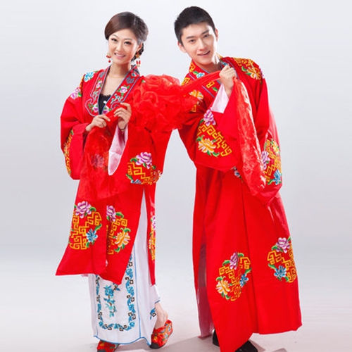 龙凤对披婚服_绣花龙凤褂戏服_新郎新娘古装喜服
