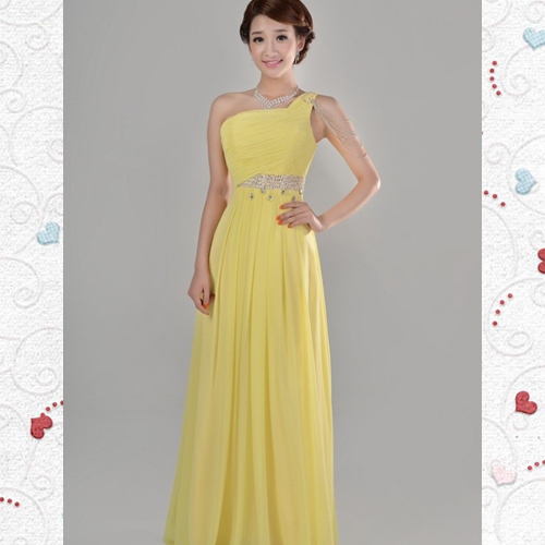 单肩黄色长款礼服_雪纺齐地晚装_晚宴修身晚礼服