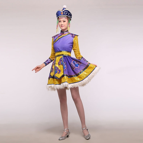 蒙古族舞蹈表演服装_蒙古族紫色舞蹈服_少数民族演出服装