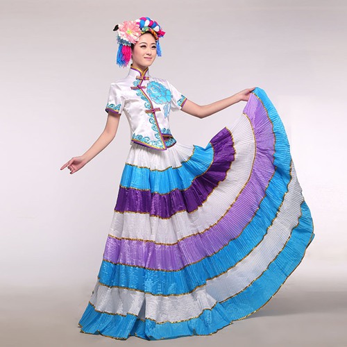 女士彝族大摆裙_民族特色舞台服装_彝族群舞演出服