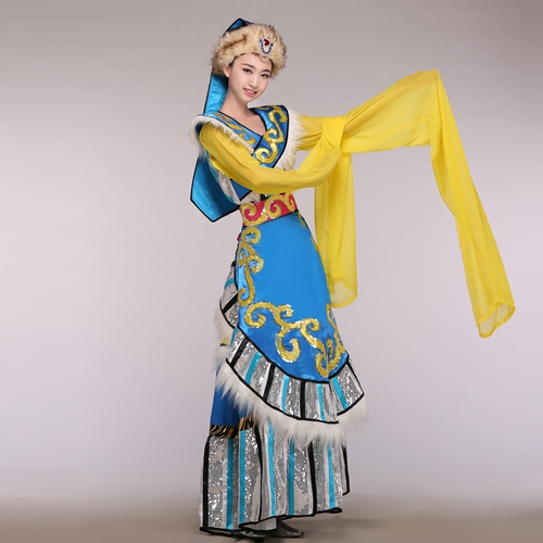 藏族舞蹈民族服装_藏族舞蹈水袖服装_新款舞台表演演出服