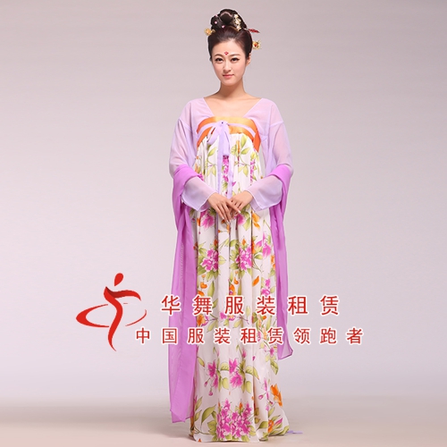 唐朝侍女服装_仙女舞蹈演出服_紫色花朵飘逸高腰儒裙 - 南京华舞服装租赁