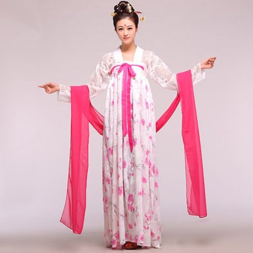 古装女装唐朝服装_仙女舞蹈演出服_白底红花飘逸高腰儒裙 - 南京华舞服装租赁